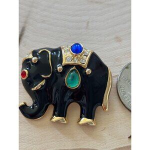 Vintage  Jeweled Elephant Brooch – Black Enamel, Rhinestones & Bold Cabochons